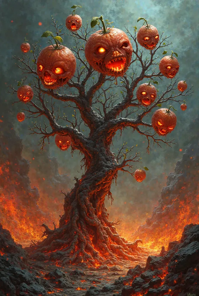 Hell with fruit trees and fruits with the face of dead bodies a lot of fire food of fire