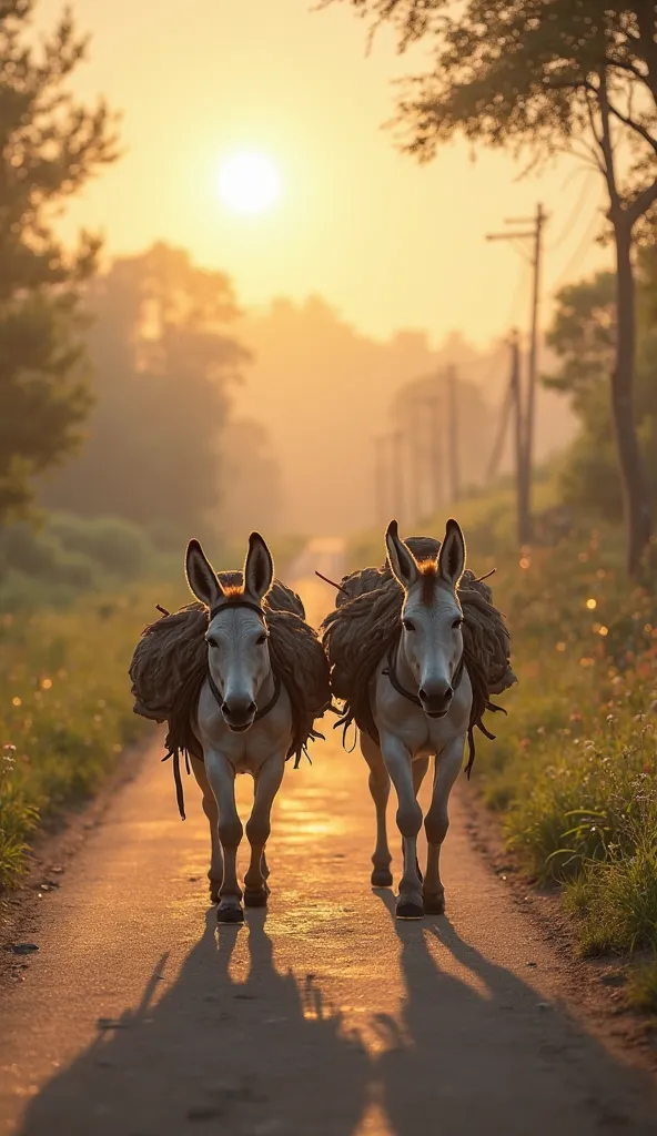  CREATE THE IMAGE OF 2 DONKEYS WALKING TOGETHER walking together on a quiet road, both with their loads, but now more balanced a...