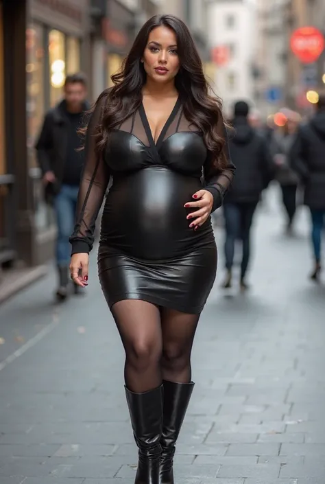 A woman who is extremely curvy. She wears a black leather skirt including dark nylon pantyhose and high heels as well as a black...