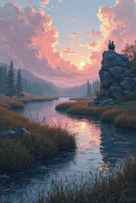 Make a 2d concept art of a landscape, There are thickets and tall grass, The perspective is first-person, as if the viewer were ...