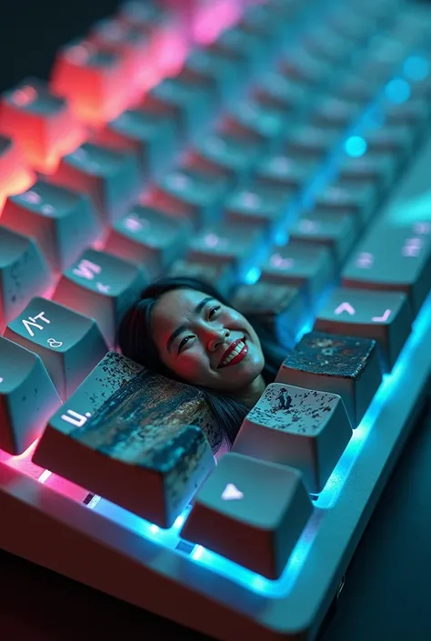 Close-up of the computer keyboard, focusing on the two keys ‘Alt’ and ‘spacebar’. Instead of the usual key label, the ‘Alt’ key ...