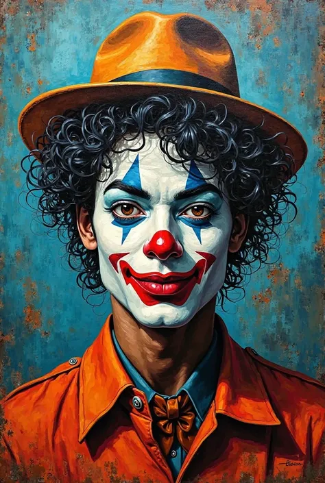 A surreal oil painting in Picasso’s Cubist style featuring Michael Jackson as a clown. His iconic curly hair, fedora hat, and ex...