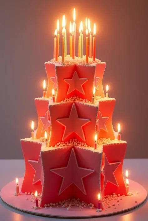 I need a 3-story birthday cake, with all floors in the shape of a star. The cake must be red, Burning white number 13 candles o...
