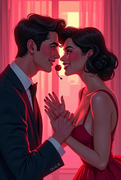 A lively and playful illustration of a couple immersed in a romantic but ironic atmosphere. The scene is set in a retro room wit...
