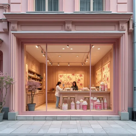 Create a realistic image of the exterior of a cake shop located in the center of a Siberian city. The building should be large, ...