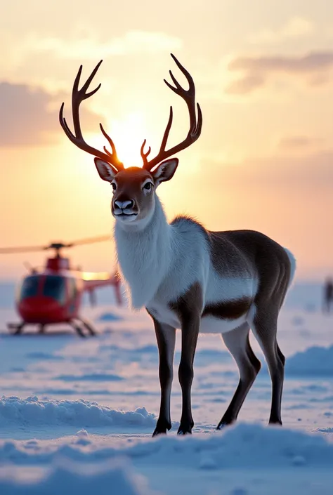 A **realistic, cinematic image** of **Ailo ( reindeer, fully recovered, brown fur clean, ice-free antlers) standing proudly on t...