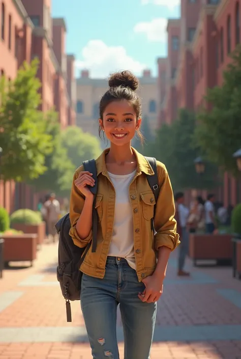 A happy student with a backpack walking on a university campus or holding an admission letter.