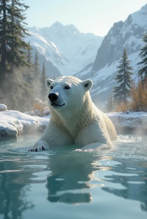 A naked polar bear soaking in a hot spring