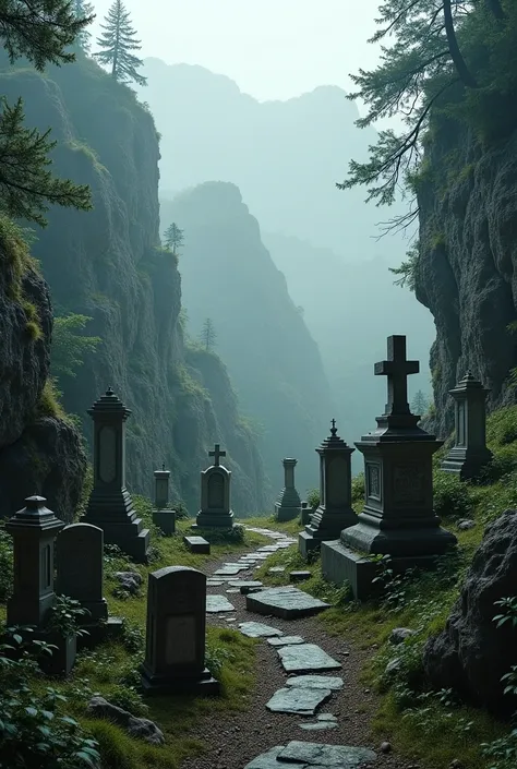 hidden cemetery on top of a mountain, accessible only by a narrow trail