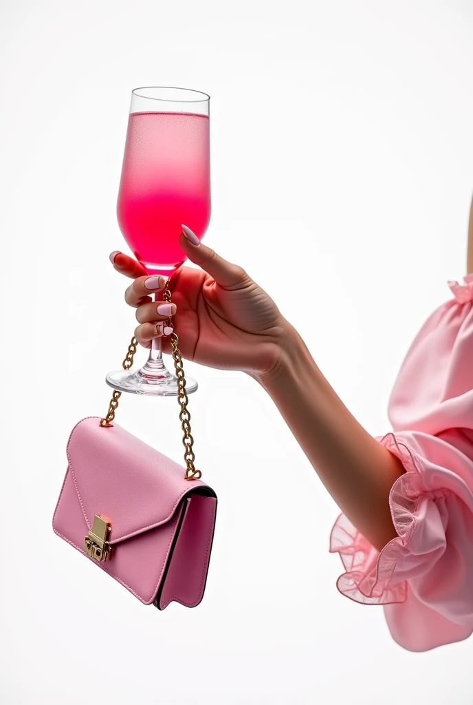 I would like the art being this photo, But with the background removed, leaving the hand with the drink and a pink bag in the em...