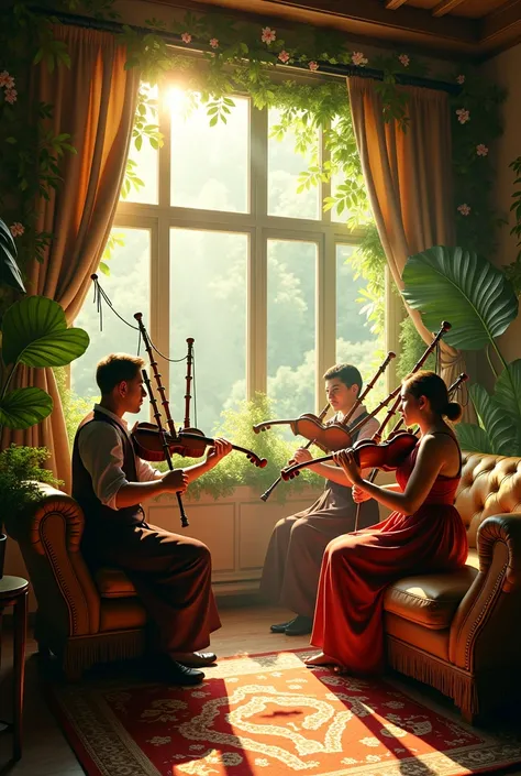 LIVING ROOM WITH GREEN LIGHTING AND ORCHESTRA PLAYING BAGPIPES