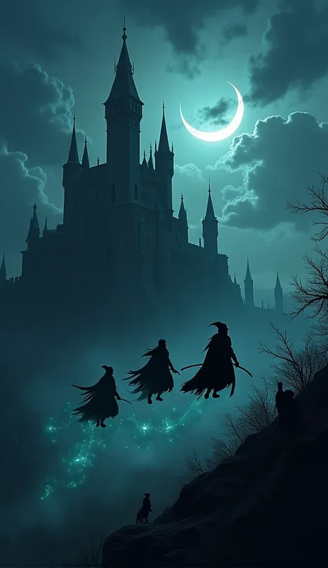 Witches flying near a castle