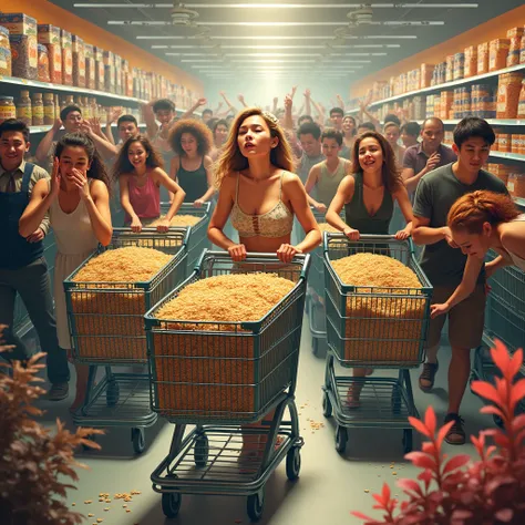 Buckwheat hype — supermarket panic, where people buy buckwheat, carrying carts full. Some look happy, and someone is disappointe...
