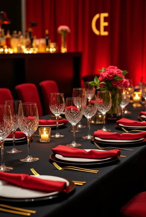 "A luxurious event setup with a dominant red and black color scheme, designed for a high-end event planning company. The scene s...