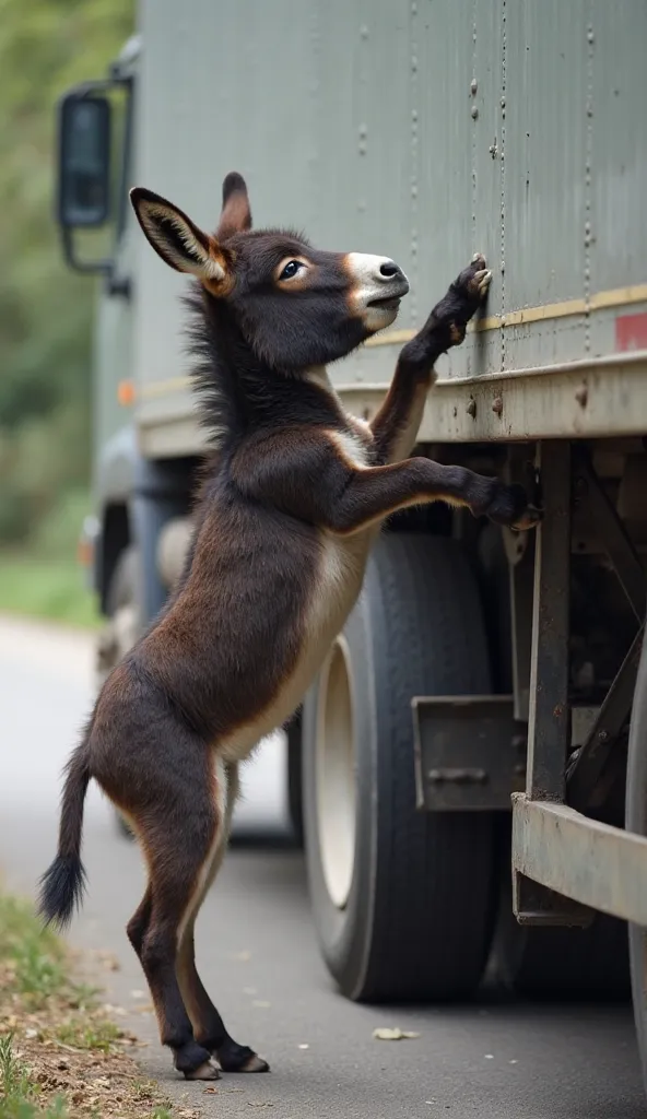 A medium-sized donkey, with a mix of black, brown, and tan fur, stands on its hind legs, touching the side of a large, light gra...