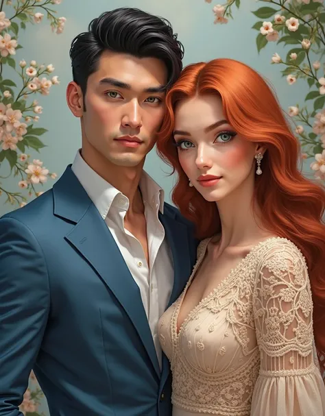 handsome brown man , high, strong, with short black hair and green eyes , wearing a blue suit and white shirt without a tie n...