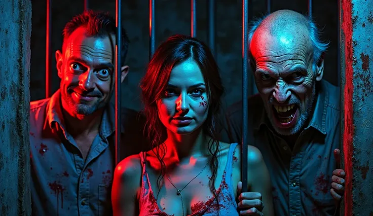 A dark prison illuminated by red and blue neon lights. Behind the thick steel bars, three criminals with disturbing expressions....