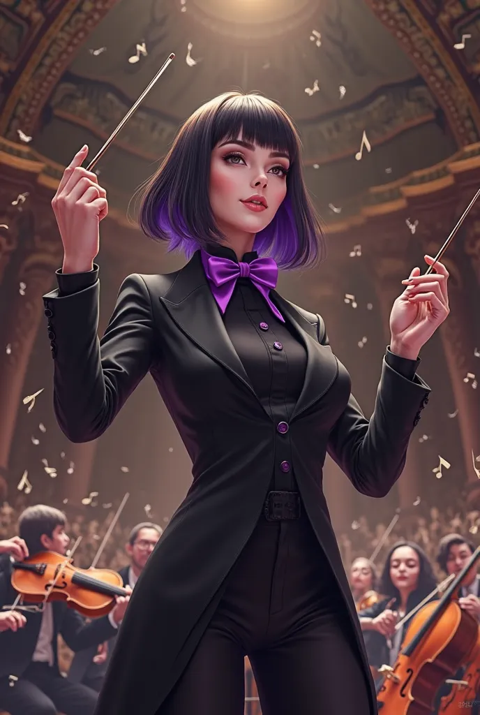 black tuxedo with black shirt, purple bow tie, Maestro female conductor, black and purple hair, baton, musical notes