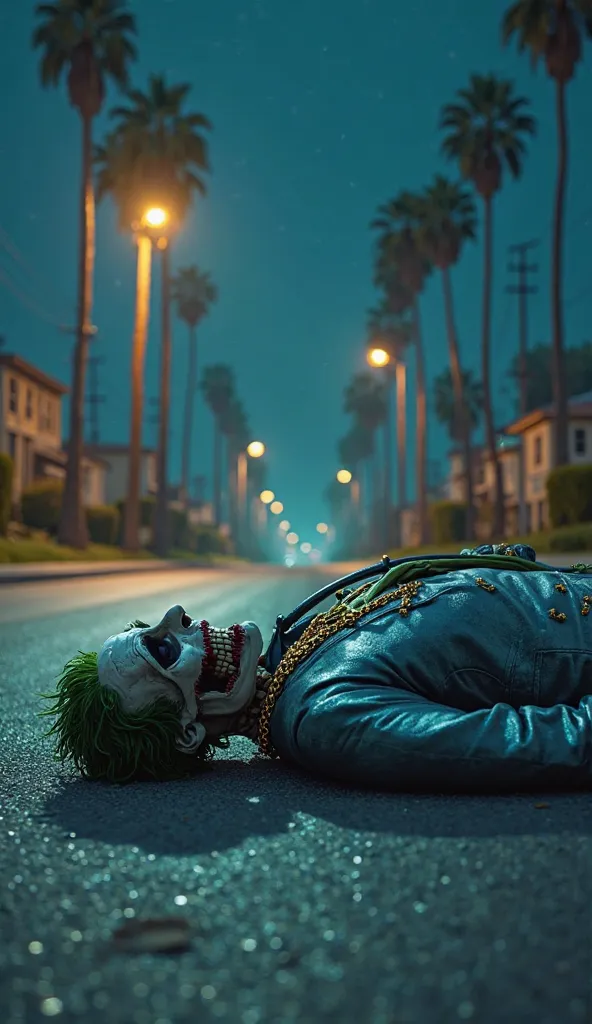 A highly detailed 3D-style scene of a skeletal figure resembling the Joker, lying lifeless on the pavement of a quiet suburban s...