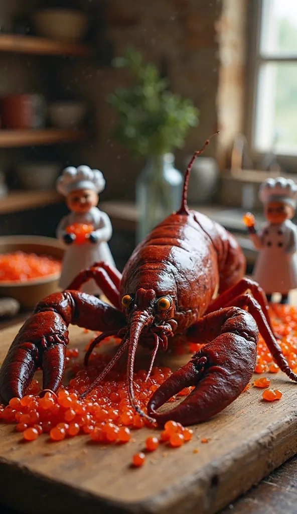 Giant crayfish on a wooden cutting board with red caviar against the background of a cozy rustic kitchen, miniature chefs, holdi...