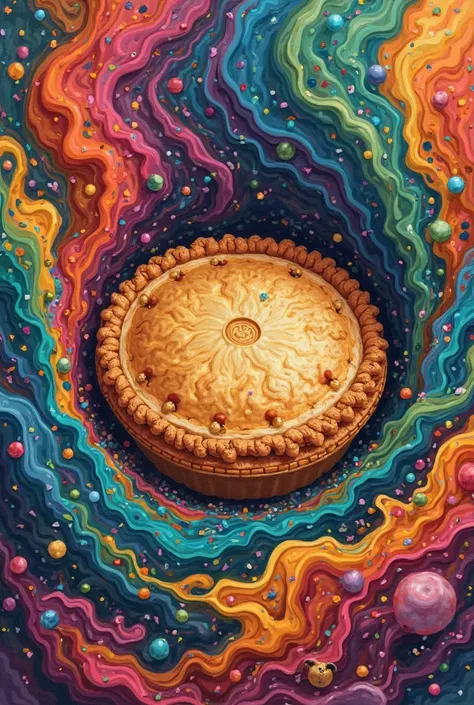 An Espírito Santo pie in a mental lunch box, With the background behind the pie very colorful