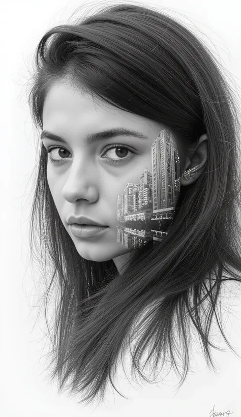 A pencil drawing of a beautiful dark-haired girl’s face serving as a canvas for a cityscape. Double exposure, sharp lines, high ...