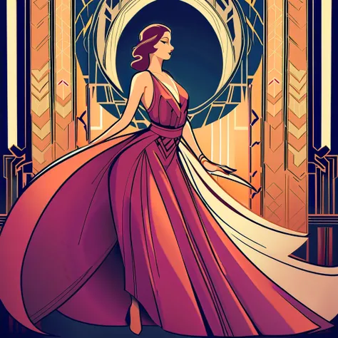 "Art Deco Elegant Woman" – A stylish woman in a flowing dress, depicted in an elegant Art Deco style. Her pose is graceful, and ...