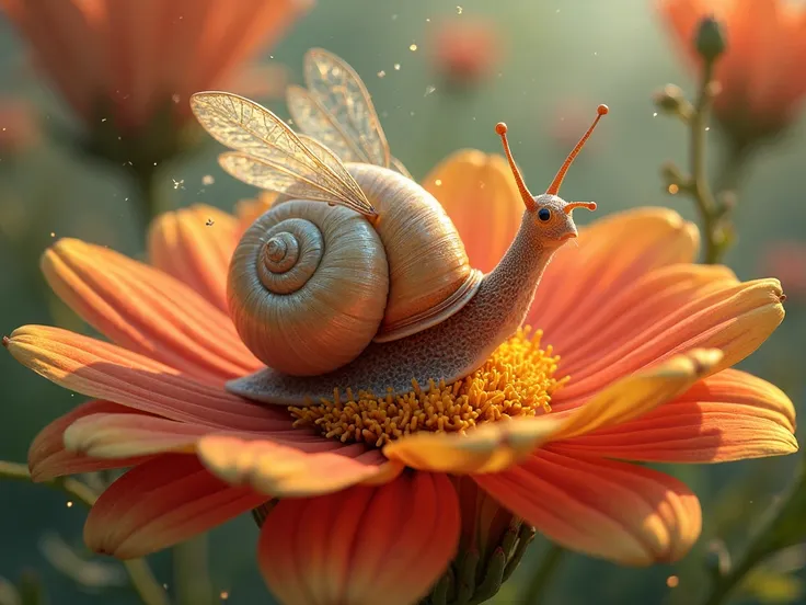 a snail with dragonfly wings sits on a flower