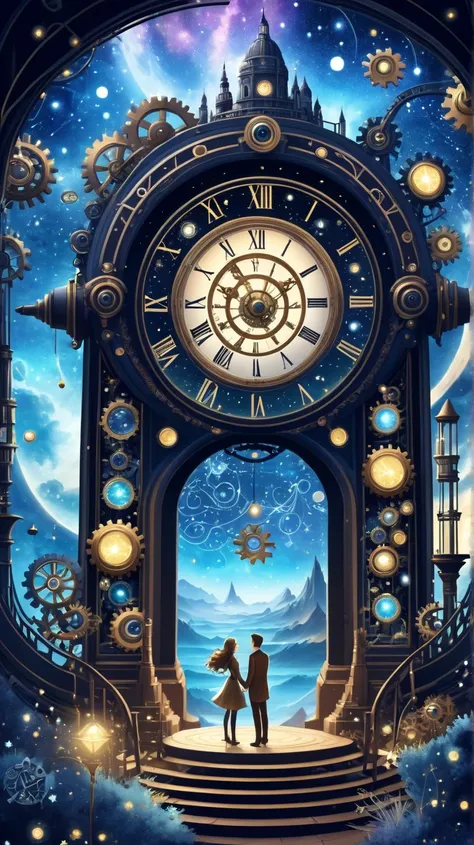 spend some time under a giant time machine in the shape of a, lover, Decorated with constellations, gears decorated with constel...
