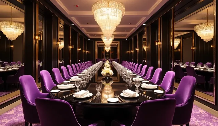 "An opulent dining hall featuring a long, glossy dining table surrounded by plush purple chairs with gold detailing. A modern ch...