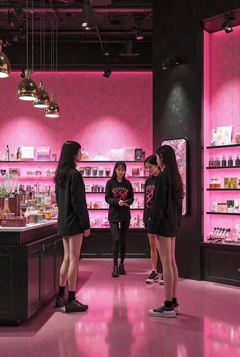 Hyperrealistic scene SEOULSHOP Korean cosmetics store in black and fuchsia where girls dressed with the SEOULSHOP logo talk abou...