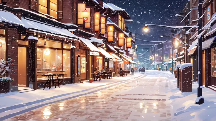 Beautiful Streetscapes on a Winter Night。Warm Streetlights Reflect in the Snow、creates a fantastic atmosphere。The windows of caf...