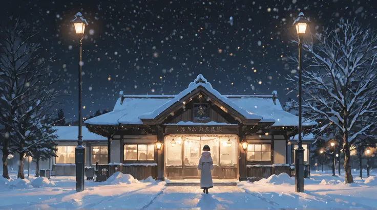 Beautiful Streetscapes on a Winter Night。Warm Streetlights Reflect in the Snow、creates a fantastic atmosphere