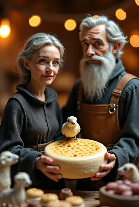 A mesmerizing An older couple, likely in their 60s, are centrally positioned in a rustic, market-style scene. The woman, with l...