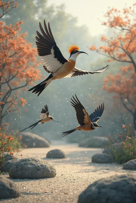 A hoopoe flying with a black swift and a harrier over a zen garden with stones
