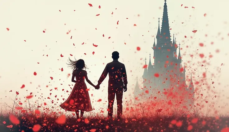 silhouettes of a girl and a man holding hands,in the back there was a man standing who was filled with opera scenery, double ex...