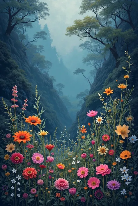 Create a book cover with the title- the thistles grow wild- DONT add any thistles - dark blue and flowers not realistic