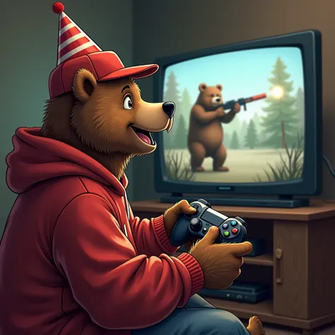 Full image, grizzly bear wearing a red sweatshirt with cap, smiling, With a video game controller in hand and a bear with a gun ...