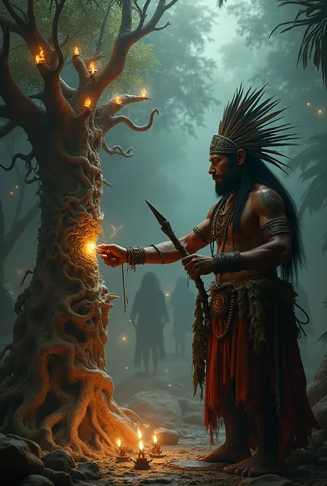 A man in his Mayan costume cutting a 3d tree with a background of consequences