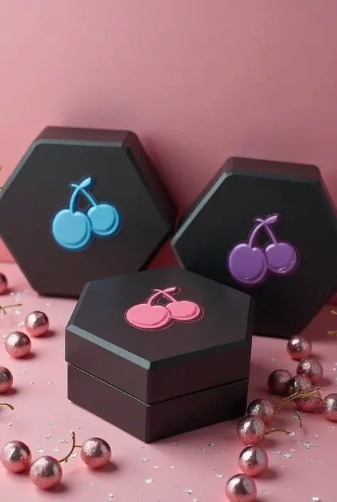 three black minimalistic luxurius boxes with hexagonal lids. First one with a blue logo that depicts two cherries, second one wi...