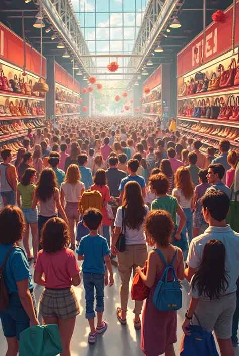 There is a mega sale for shoes and bags and people are crowded.make a YouTube thumbnail