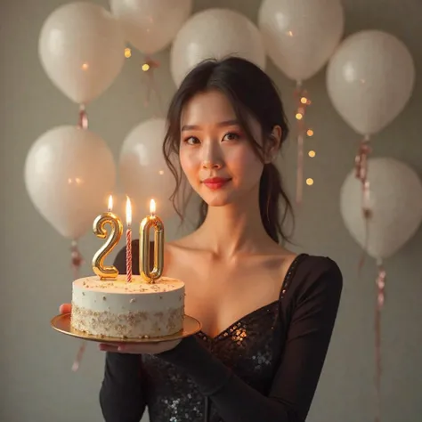 (Korean AI) Holding a round cake with a 20-year-old candle,  shiny black dress , Background full of white balloons, 4K, Realisti...