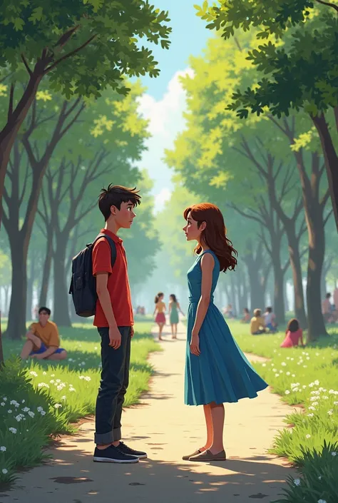 Scene in a park and a ager in a red shirt and black pants and one in a blue dress talking