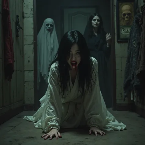 Ju-on the grudge, Kayako, age 30, milf, mature woman,yurei, crawling on the floor of a dimly lit attic:1.4, shocked face, bloody...