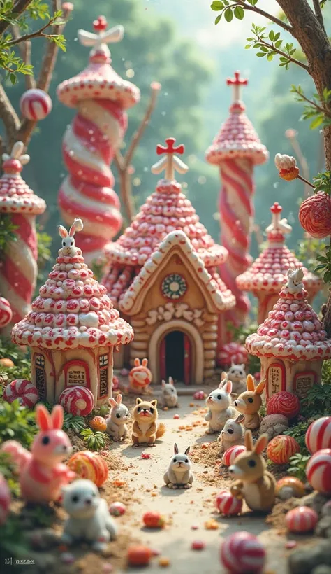 Little rabbits, cats, dogs, squirrels, and shrimp constructing a big candy village, high resolution