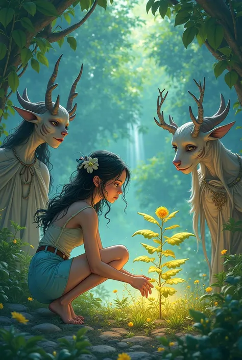 (Middle shot of Camila crouching next to a magical plant, while the ren observe with interest) anime style