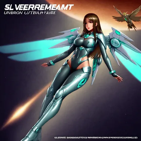  (shonen)a gorgeous woman (cyborg warrior, SilverKitty, jet boots, jet pack, silver membrane under the arms connected to the wri...