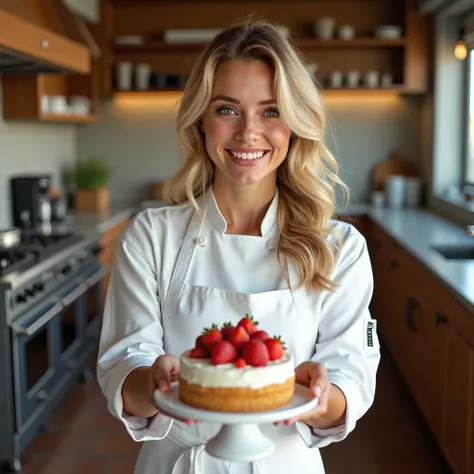 Create a photo of a 25-year-old woman, blonde, blue eyes, white, freckles on the face. Slightly wavy hair, She's a chef, she's i...