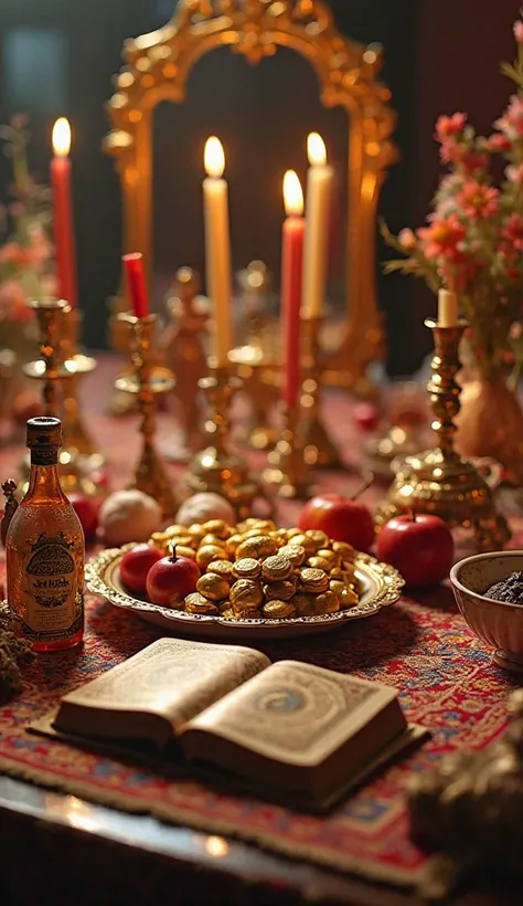 "A stunning ultra-close-up shot of a beautifully decorated Haft-Sin table, capturing the magical atmosphere of the Persian New Y...