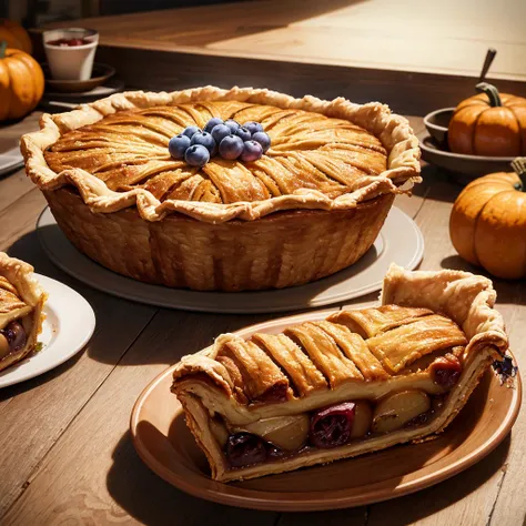 A table with different types of pies on it, high quality, 4K, ultra-detailed, photorealistic, studio lighting, sharp focus, phys...
